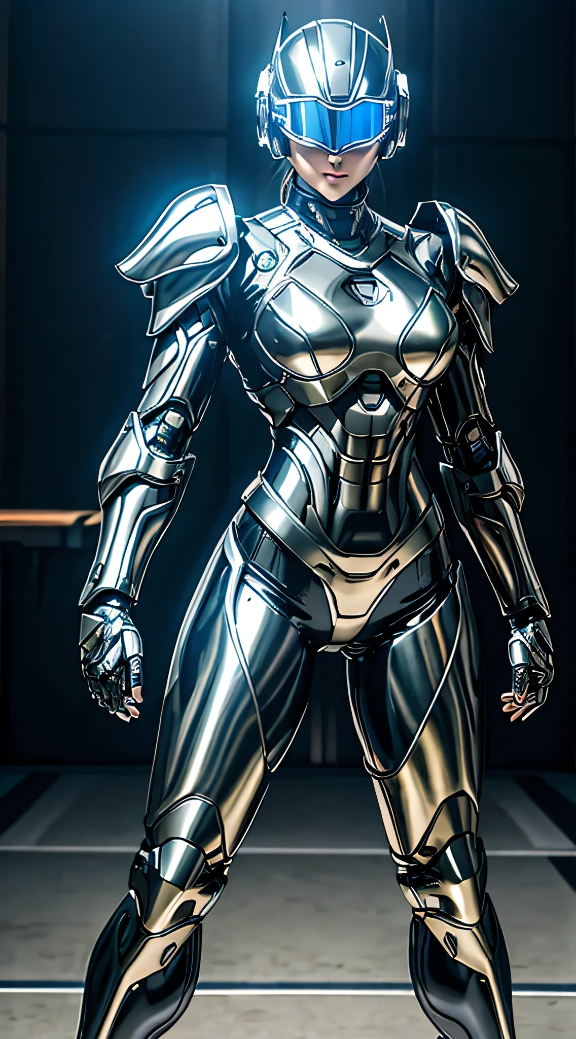 Female Robocop Solo、Bright outdoors、Strong light source、8k, high quality, masterpiece, 最high quality, Sharp contrast、 very detailed 、full body armor、Very large armor、Helmet to cover the head、Clear Photos、The eyes are pale, Translucent Straight Goggles.:1.3、The lower half of the face is raw々Shii:1.5、The lower half of the face is exposed、Seductive lips、iridescent metallic armor、Black accent color、Full body armor、length, Thin legs、Vibrant Posello Body View, big, rich breasts :1.8, (Sports Body:1.5)、Five Fingers、Hold a gun、In the city