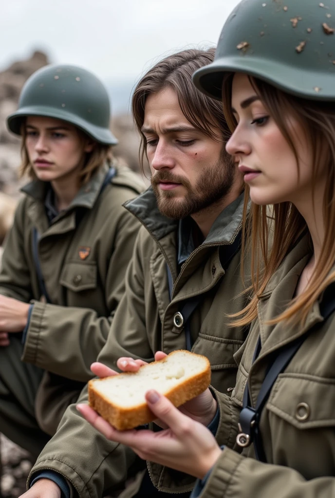 Soldiers look at bread rationed during the war. The soldiers look exhausted, their faces dirty with dirt and mud. (There was only one slice of bread), an atmosphere of depression, despondency, and hopelessness, wearing tattered military uniforms with piles of rubble around them.