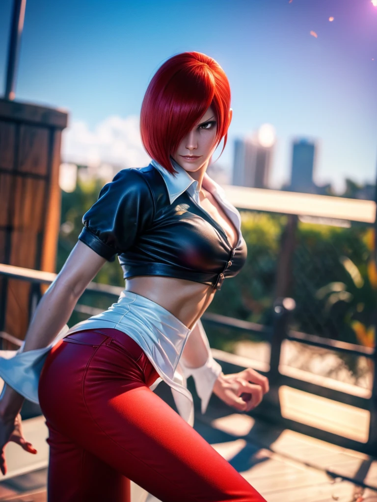 30-year-old woman, alone, alone, athletic, sensual, big breasts, red nails, long pixies, semi-short red hair, wears brown pants, white shirt, open black jacket, video game character, The King of Fighters, Iori Yagami, blue fire, cinematic, ultra-sharp focus, award-winning photography, perfect contrast, High sharpness, depth of field, ultra-detailed photography, global illumination, fluid, ultra-high definition, 8k, Unreal Engine 5, ultra-sharp focus, award-winning photography, trends art stations