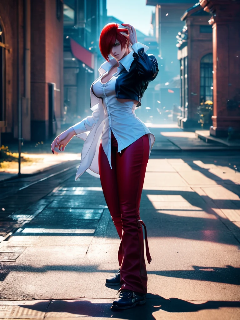 30-year-old woman, alone, alone, athletic, sensual, big breasts, red nails, semi-short red hair, wears brown pants, white shirt, open black jacket, video game character, The King of Fighters, Iori Yagami, blue fire , cinematic, ultra-sharp focus, award-winning photography, perfect contrast, high sharpness, depth of field, ultra-detailed photography, global illumination, fluid, ultra-high definition, 8k, Unreal Engine 5, ultra-sharp focus, award-winning photography, art stations and trends.
