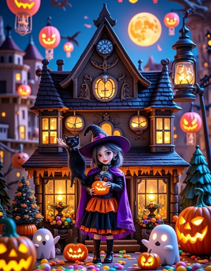 a Halloween shop. The shop is located in the centre of the image,surrounded by skyscrapers and skyscrapers. The sky is blue and pink hot air balloons float above the shop. In front of the shop there is a little witch wearing a black magic hat and holding a black kitten in her arms,the little witch is smiling and wearing a purple magic cloak with a smiling pumpkin sitting under her buttocks,next to a few white cute ghosts with big eyes and big smiles,in the far distance there is a big yellow moon,and next to the moon there are airships and mysterious planes passing by,and there are also little magical witches riding brooms flying in the sky. Purple atmosphere,revealing the environment of the weird and mysterious,the 's lovely