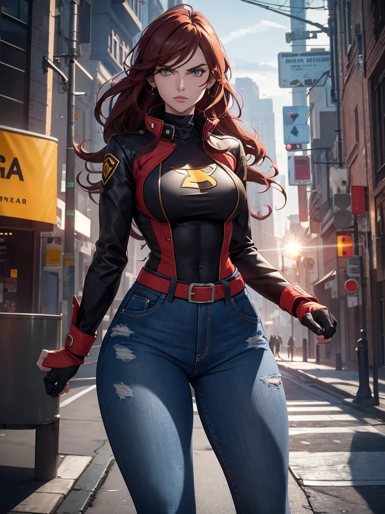 The character is a strong and athletic woman, with a stylized body that stands out for its well-defined curves. Her build is slim but muscular, which reflects strength and agility. She has an hourglass-shaped figure, with a narrow waist and wide hips, which are accentuated by the tight jeans she wears. Her butt is noticeably rounded and firm, which is further highlighted by the tight fit of the jeans.

The character's face is sharp and attractive, with a determined and confident expression. His eyes are penetrating, projecting a mix of determination and confidence. Long, wavy red hair cascades down her shoulders, framing her face, while her full lips and strong jaw accentuate her imposing character.

As for clothing, she wears a superheroine outfit that includes a fitted black and yellow jacket, with details reminiscent of light armor. The jacket follows the lines of her torso, highlighting her bust and waist. Dark denim skinny jeans cling to her figure, providing both a casual and functional style. The pockets and texture of the denim jeans complement her outfit, giving it a contemporary air in the midst of an action-packed backdrop. Besides, the wide red belt adds a distinctive touch to the ensemble, contrasting with the dark colors of the rest of the outfit.