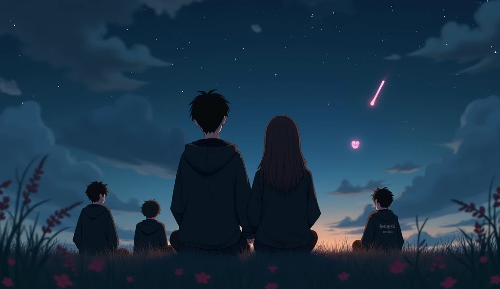 A man with black hair,Two people with side distribution ,Wear a black hoodie, with a tattoo of “KAIN” under their ears , and a woman with long dark brown hair , Straight Hair, wearing a black turtleneck , sitting on the grass , They are watching a meteor pass through the almost dark sky 。
love story of a grown couple 。
Generate image, Anime style, were inspired by the song "" IU and Suga 。 Close up of the protagonist standing with his back to the camera。