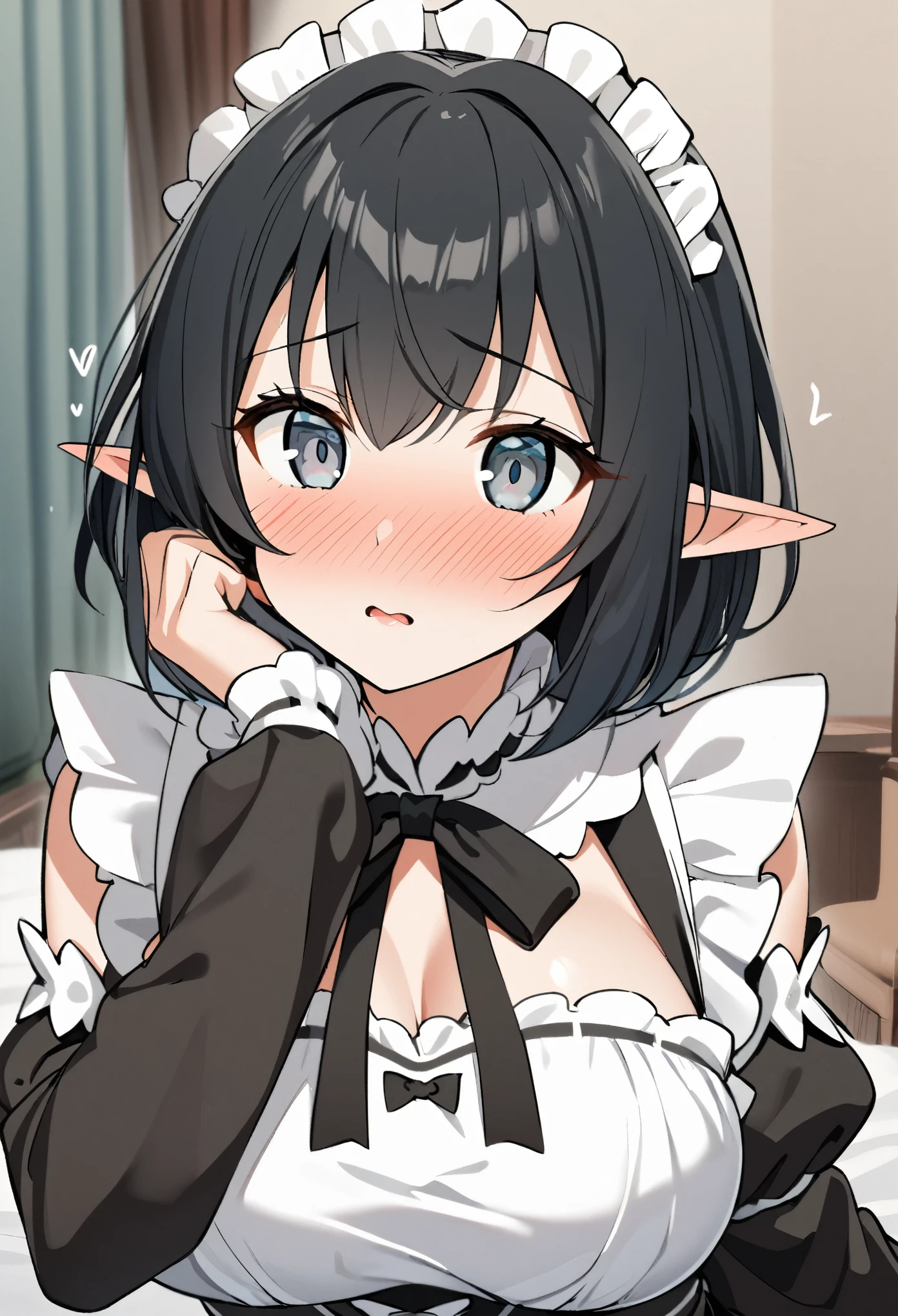 1girl, elf, maid. maid uniform, bashful expression, blushing red, short hair, gray eye color, (Black hair color), large breasts