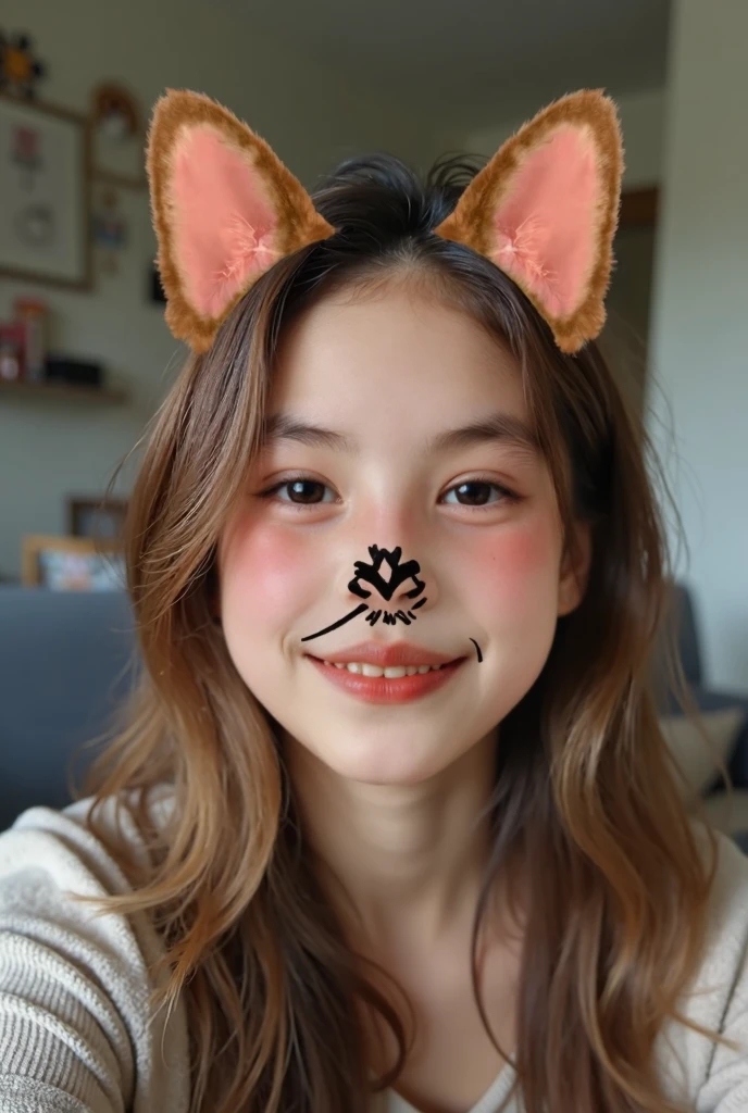  Girl taking a picture of herself with a doggy filter, She looks like about   