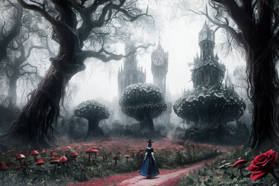 A hyper-realistic Scene of Alice in the wonderland of tim burton, a fantastic forest with giants mushrooms, weird trees, grass and stone pathways, red roses and white roses and a huge clock