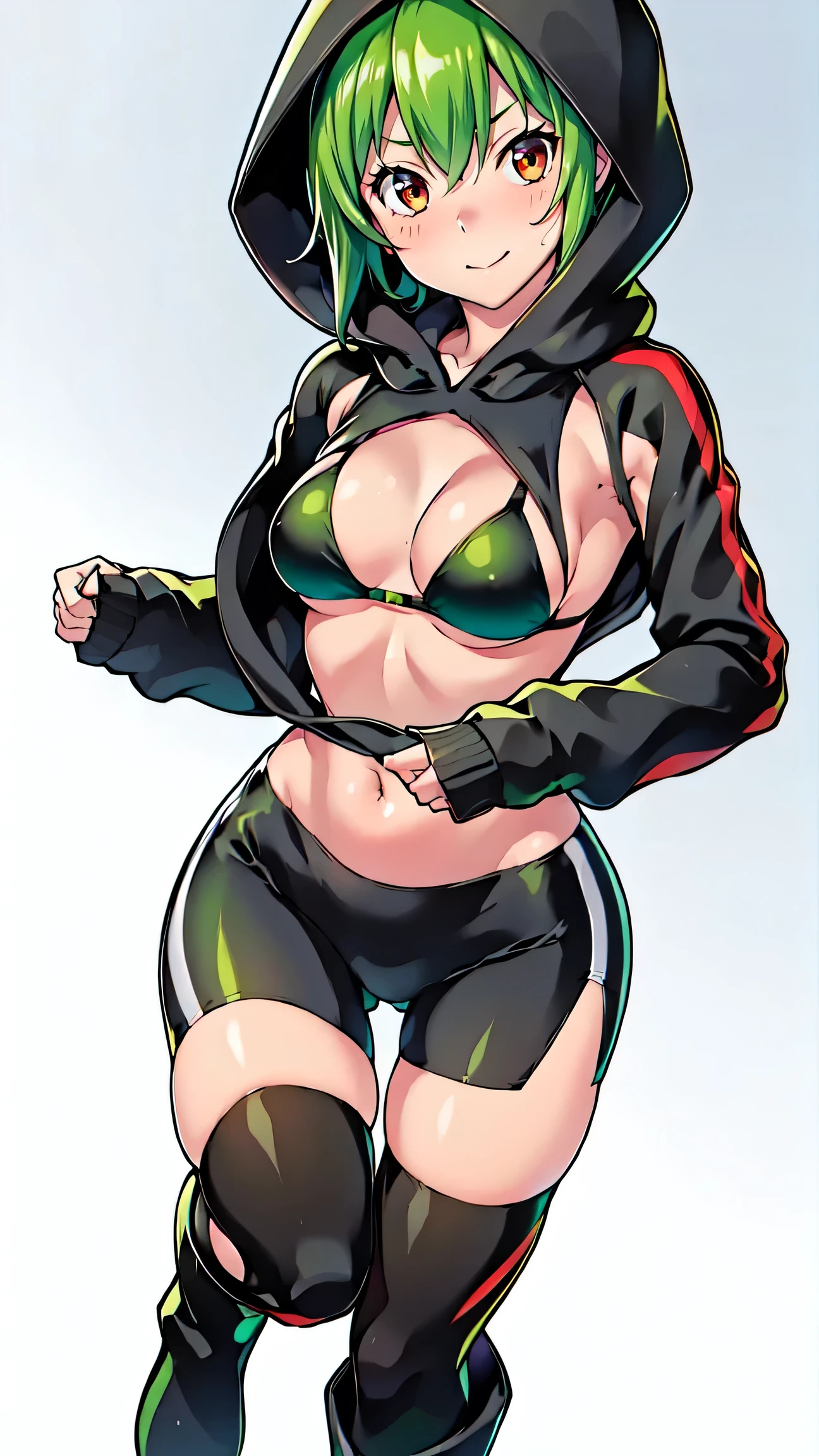 rina shinomyia、 biker shorts, half-open jacket, black hoodie, hood up, googles on neck, highthigh, high knee boots, long sleeves, , big red eyes, short green hair, small breasts, two-toned bikini, covered midrift. gradient highlight, digidestined.