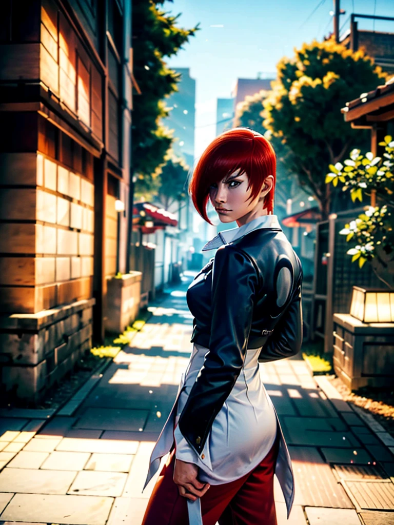 30-year-old woman, alone, alone, athletic, sensual, big breasts, red nails, semi-short red hair, wears brown pants, white shirt, open black jacket, video game character, The King of Fighters, Iori Yagami, blue fire , cinematic, ultra-sharp focus, award-winning photography, perfect contrast, high sharpness, depth of field, ultra-detailed photography, global illumination, fluid, ultra-high definition, 8k, Unreal Engine 5, ultra-sharp focus, award-winning photography, art stations and trends.
