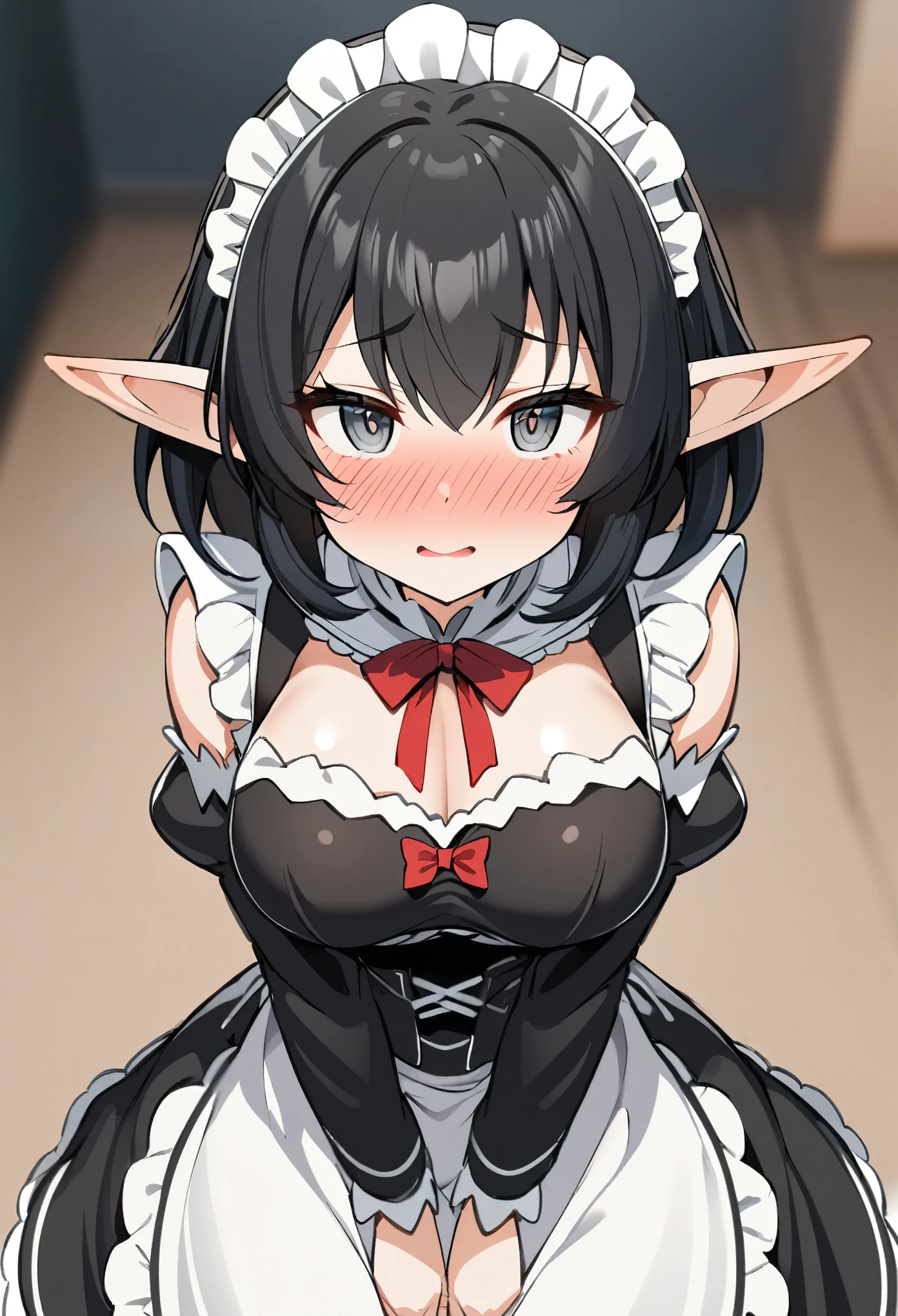 1girl, elf, maid. maid uniform, bashful expression, blushing red, short hair, gray eye color, (Black hair color), large breasts