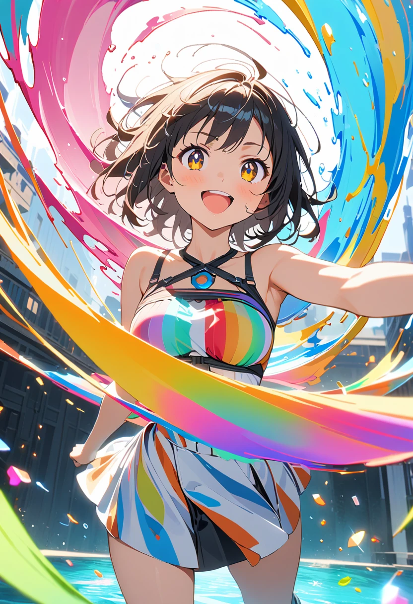 (masterpiece, Best Quality, Official Art:1.2), (colorful),  Perfect Anatomy, Gazing at the audience, One Girl, Alone,   white background, floating colorful water, Ultra-fine illustrations, highly  Details, Dynamic Angle, beautiful  Details, 8k, break smiling amidst the colorful scenes, (Best Quality, masterpiece,  High Resolution ,  Details),  Anime style , (Sparkling Eyes,  Details美しい顔), break,Dynamic Angle, Full Body Shot