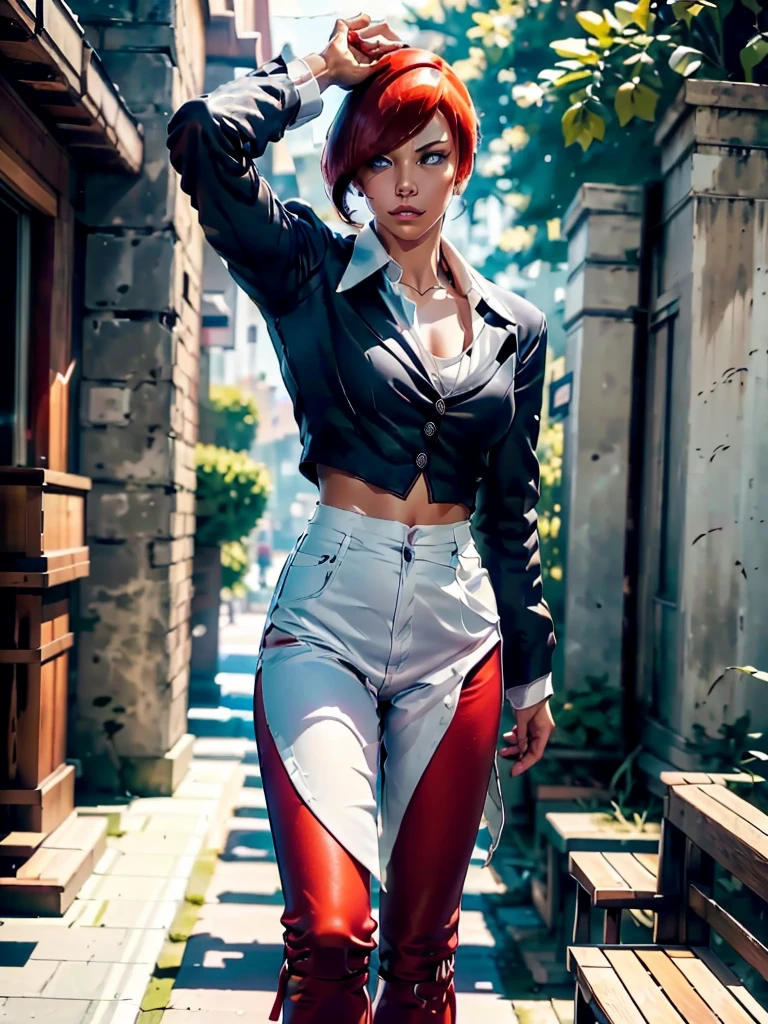 30-year-old woman, alone, alone, athletic, sensual, big breasts, red nails, semi-short red hair, wears brown pants, white shirt, open black jacket, video game character, The King of Fighters, Iori Yagami, blue fire , cinematic, ultra-sharp focus, award-winning photography, perfect contrast, high sharpness, depth of field, ultra-detailed photography, global illumination, fluid, ultra-high definition, 8k, Unreal Engine 5, ultra-sharp focus, award-winning photography, art stations and trends.
