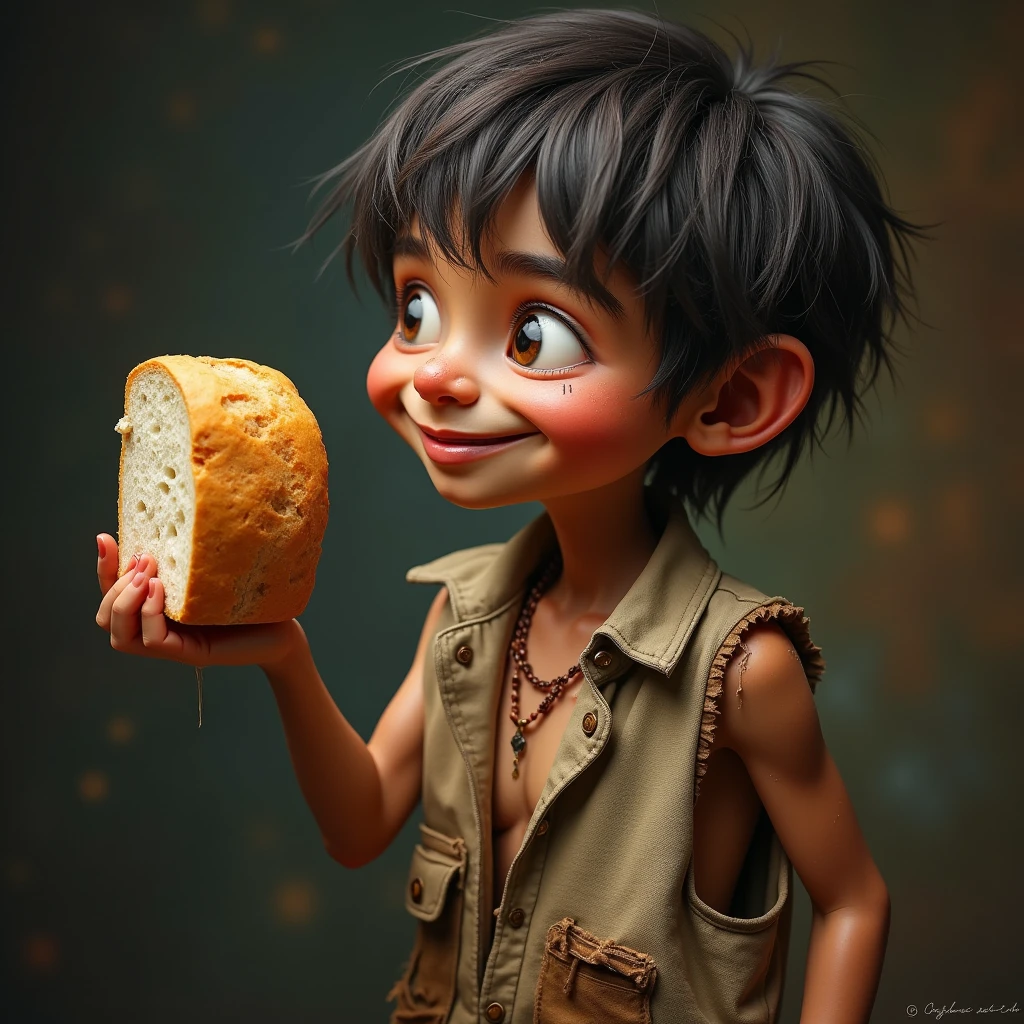 a piece of bread in the skinny hand of a , wearing dirty clothes, tattered and torn, happy expression, eyes looking at the bread.