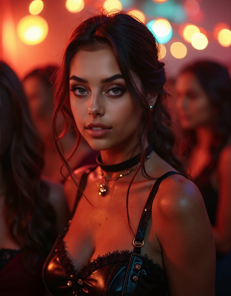 Elizabeth gillies, bigfaketits, raw photo, a cute afraid girl, curly brown hair, tied to bun, 20 years old, curl mascara, glitter eyeliner, buff, choker, realistic skin texture, red dress, (Army Green:0.8), hardcore, cold lighting, morbid atmosphere, Instagram style, fashion (ramen shop:1.1), (sfw:0.9), highly detailed photography, (muted colors, cinematic, dim colors, soothing tones:1.2), vibrant, insanely detailed, hyperdetailed, (dark shot:1.2), (vsco:0.3)