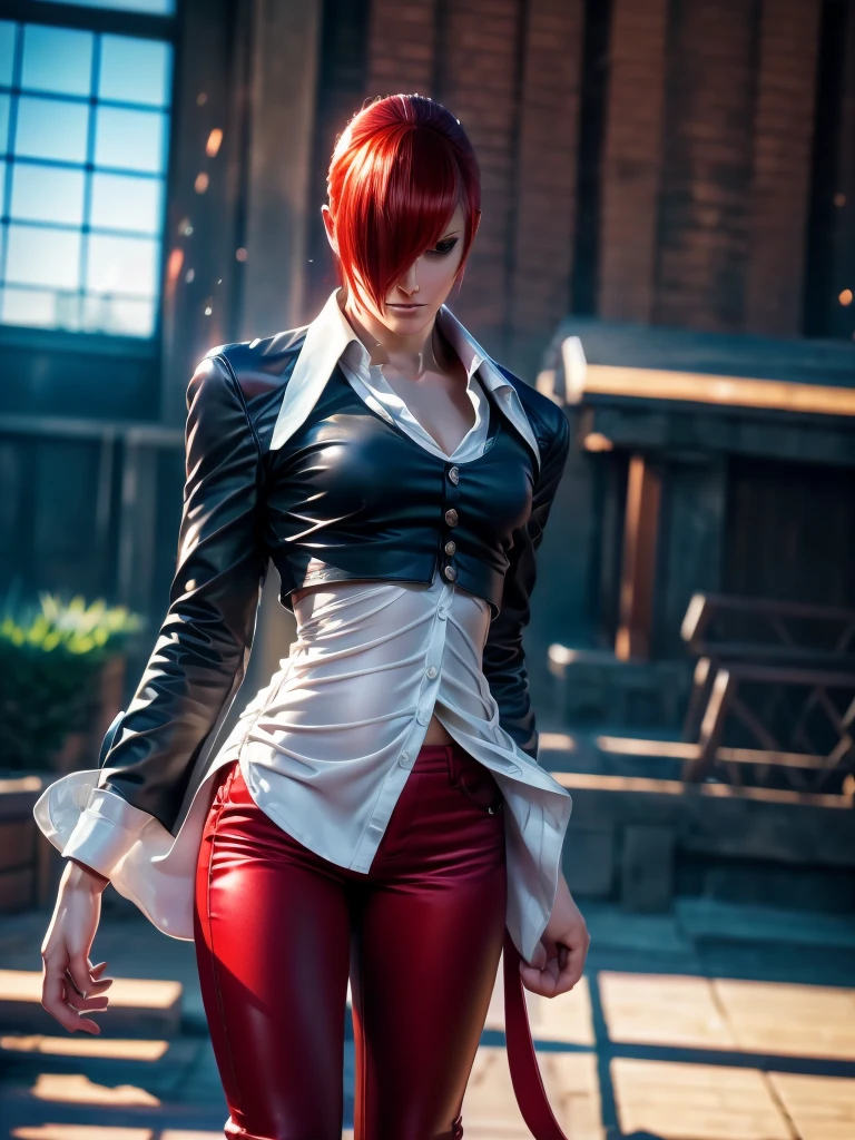 30-year-old woman, alone, alone, athletic, sensual, big breasts, red nails, semi-short red hair, wears brown pants, white shirt, open black jacket, video game character, The King of Fighters, Iori Yagami, blue fire , cinematic, ultra-sharp focus, award-winning photography, perfect contrast, high sharpness, depth of field, ultra-detailed photography, global illumination, fluid, ultra-high definition, 8k, Unreal Engine 5, ultra-sharp focus, award-winning photography, art stations and trends.
