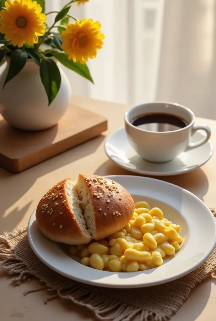  soft freshly baked bread 、 golden sun shining through the window、A cup of coffee、Scrambled eggs 、Fluffy and airy 、Morning Light、delicate、gentle、Realistic、8k、 very detailed 、Studio Lighting、Warm tones、Natural Light、Real、Food Photography、Beautifully illuminated、 elegant、Appetizing、high quality、