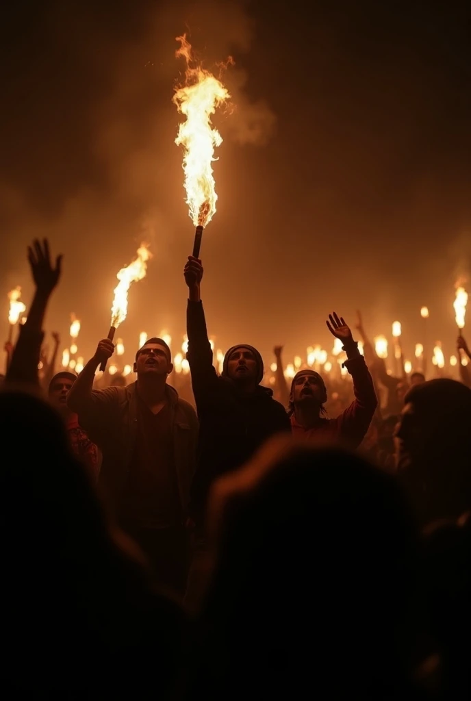 people crowded, with surprised countenances, dark environment, in the background a bonfire, --auto