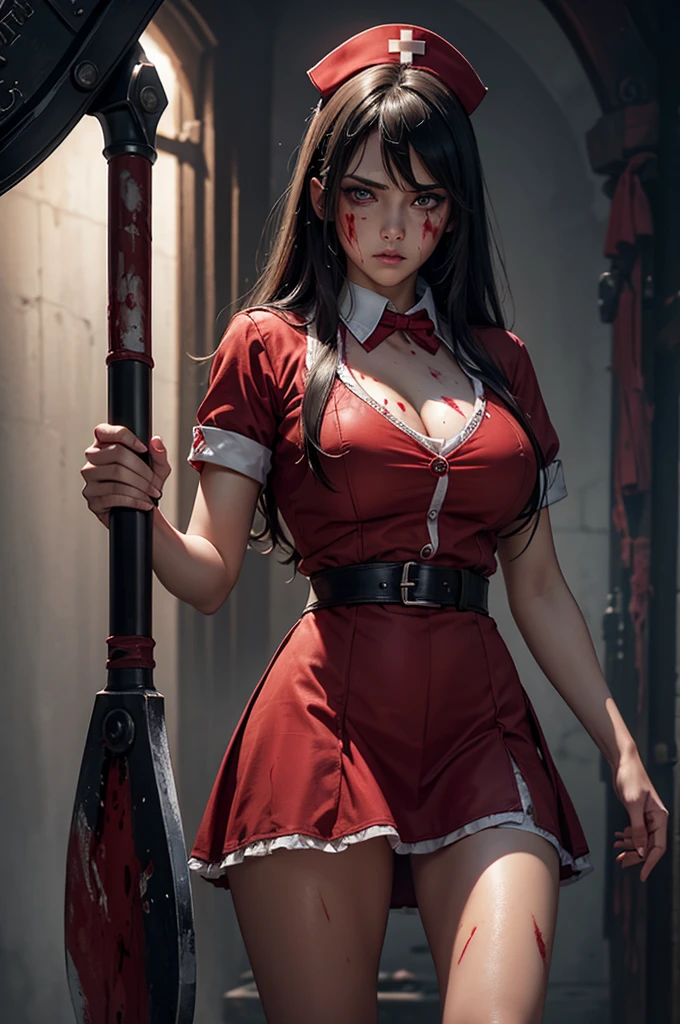 ((top-quality, masutepiece, Top image quality, 8K)), ((nightcity:1.3)), Back lighting, ((Bloody young nurse with an ax:1.5)), ((1girl in, perfectly proportions, Beautiful body, Realistic middle chest:1.5)), Standing with legs spread, showing your whole body, (Best Ratio: 4 fingers, 1 thumb), The skin is wet and shiny, Torn and tattered white nurse's uniform, ((tilts head, looking at from the front:1.2)), NSFW:1.5, afterwards、The car is on fire,