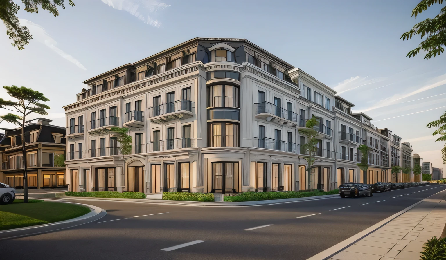 a rendering of a row of modern apartment buildings with balconies, neo - classical style, neo - classical, neo-classical, wide angle exterior 2022, precise architectural rendering, neoclassical style, exterior design, inter dimensional villa, high quality rendering, architectural rendering, residential, neo classical architecture, ultra realistic rendering, rich house, architectural visualization