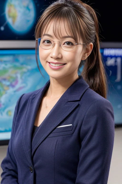 (best quality, 4k, 8k, highres, masterpiece:1.2), ultra-detailed, realistic, 
studio lighting, professional lighting, sharp focus, bokeh background, recording scene of a TV weather forecast program, 1gril, japanese girl weathercaster, (light smile:0.5), Low Ponytail, Rimless Glasses, standing in front of a weather map board, wearing a stylish business suit, Pointing at the map with a stick in hand, cowboy shot, looking at the camera,