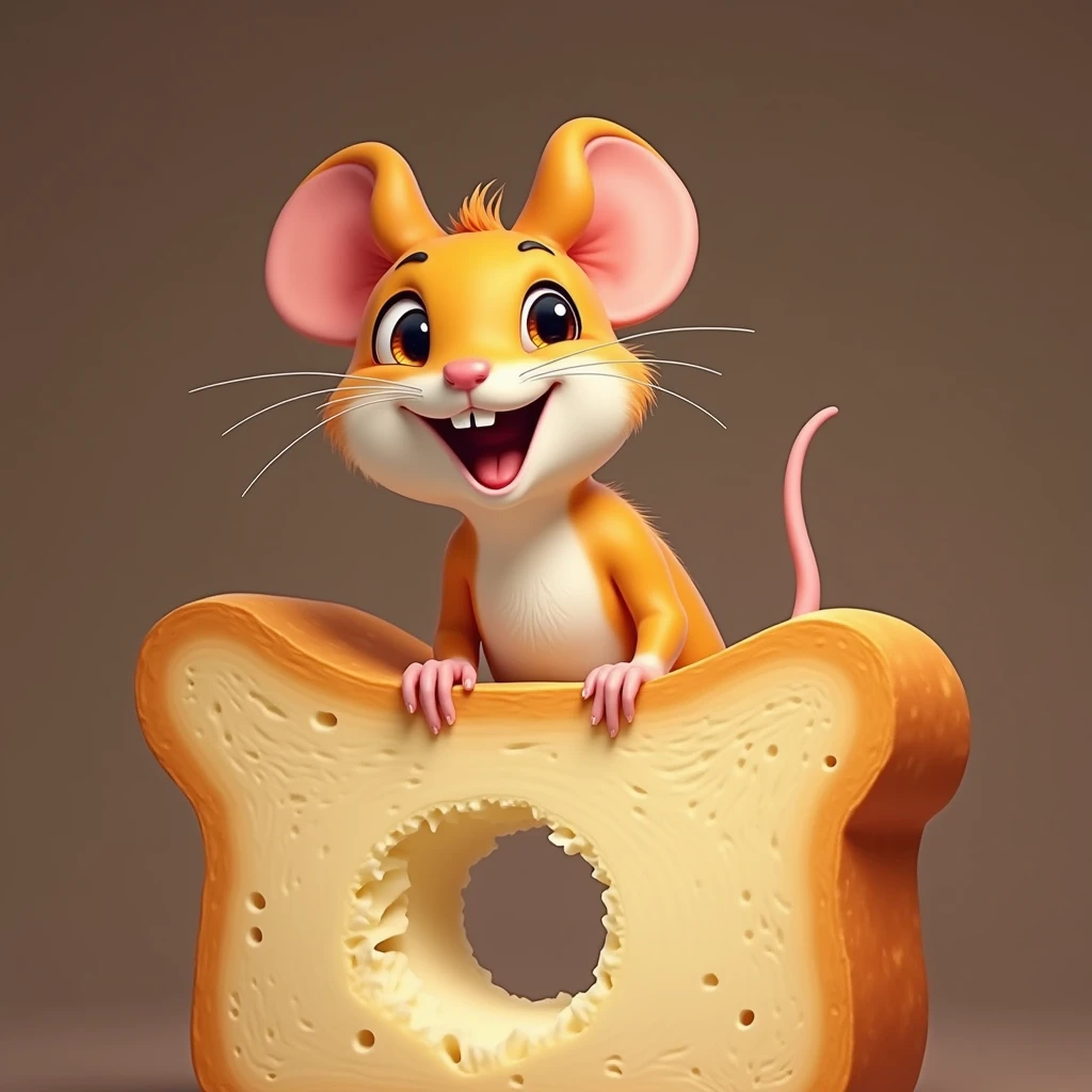 a piece of bread, a mouse' head pop up from the hole in it, happy expression