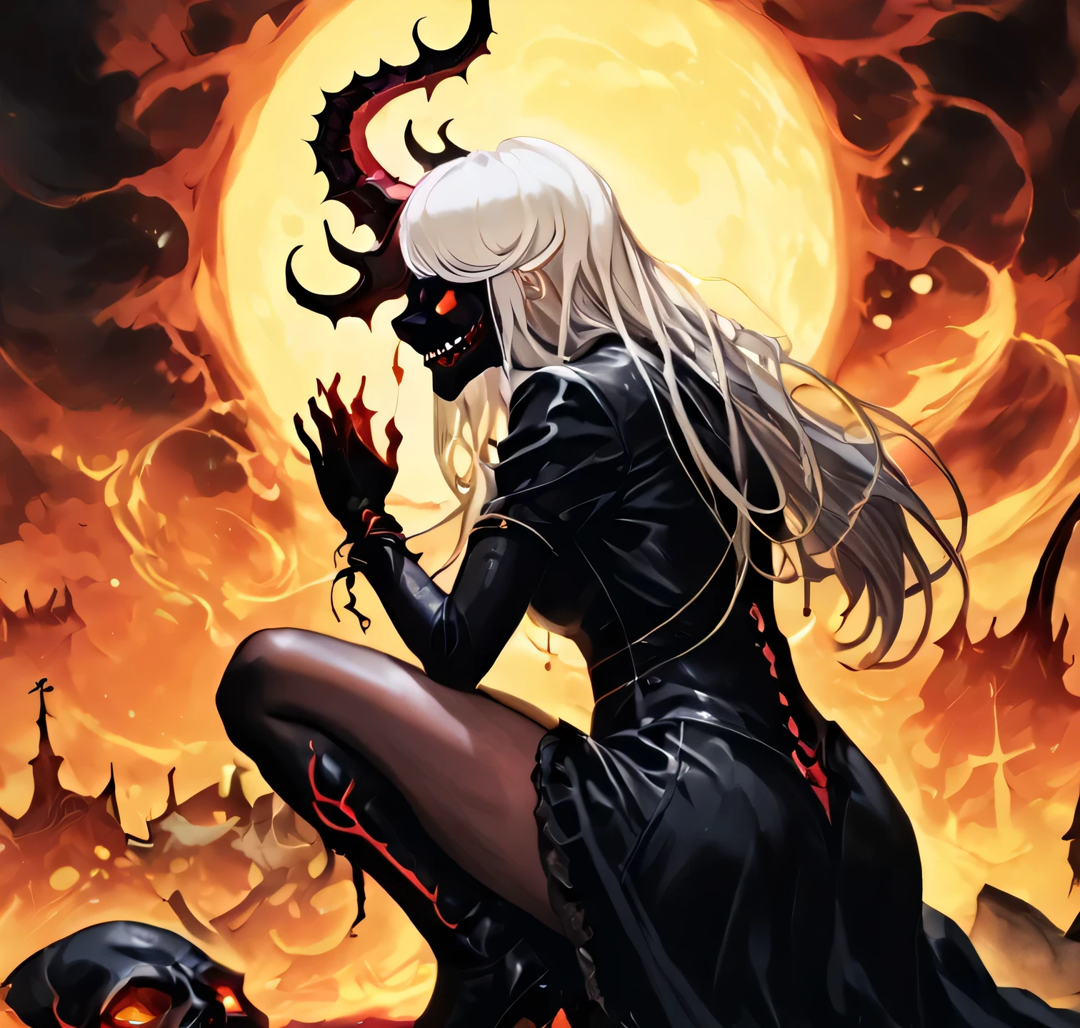 Undead sinner on her knees sucks demon's cock, forced oral sex, (mouth rape:1.3), Sexual violence, hand on her head holding her hair, (traces of beatings on her body:1.2), torn clothes, Sexual slavery, hellish torment