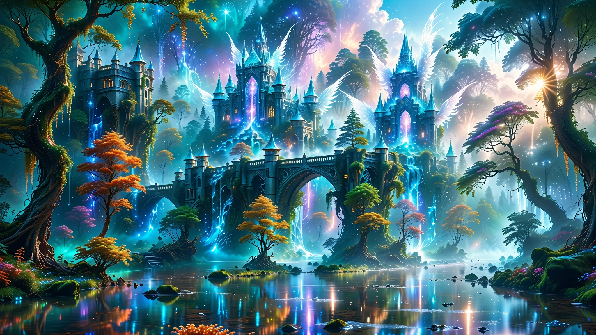 A Masterpiece In 32K Resolution, Supreme Quality, Super Detail, Official Art, Very High-Resolution 32K Wallpaper, Beautiful And Aesthetic, Ultra-Detailed Features, Awe-Inspiring Detail. Massive Trees Tower Over A Misty Enchanted Forest, Their Roots Tangled With Glowing Blue Fungi. Crystal Clear Rivers Flow Through Lush, Emerald Green Fields. A Glittering Elven Palace Stands Amidst The Canopy, Its Towers Reflecting The Sunlight, Creating A Magical Aura. A Majestic Mystical White Unicorn With Large, Ethereal Wings And A Shimmering Coat Gallops Gracefully Through A Dense, Ancient Forest. Its Flowing Mane Glows Softly, Radiating Beams Of Ethereal Light, Casting A Magical Glow On The Surroundings.