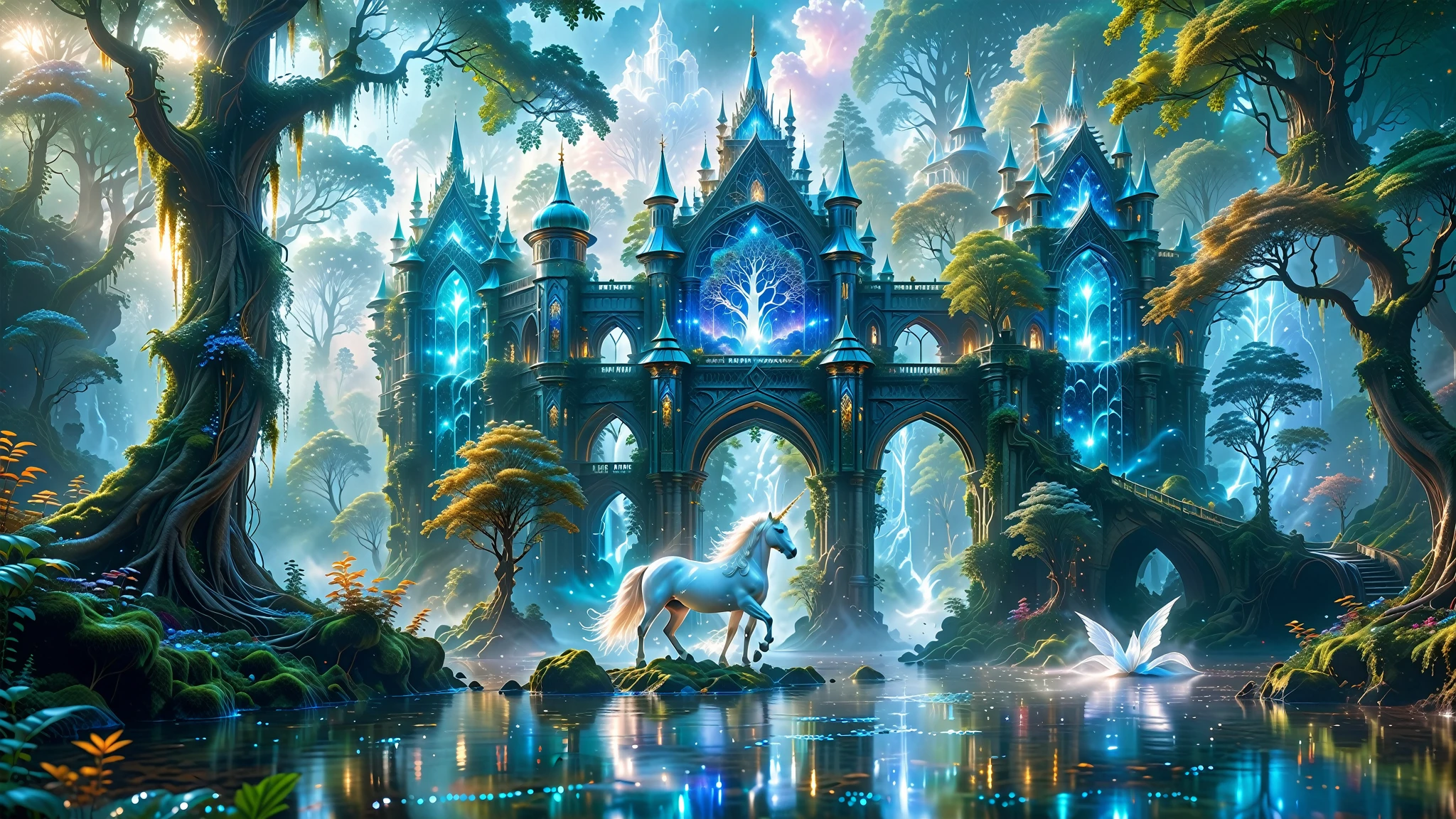 A Masterpiece In 32K Resolution, Supreme Quality, Super Detail, Official Art, Very High-Resolution 32K Wallpaper, Beautiful And Aesthetic, Ultra-Detailed Features, Awe-Inspiring Detail. Massive Trees Tower Over A Misty Enchanted Forest, Their Roots Tangled With Glowing Blue Fungi. Crystal Clear Rivers Flow Through Lush, Emerald Green Fields. A Glittering Elven Palace Stands Amidst The Canopy, Its Towers Reflecting The Sunlight, Creating A Magical Aura. A Majestic Mystical White Unicorn With Large, Ethereal Wings And A Shimmering Coat Gallops Gracefully Through A Dense, Ancient Forest. Its Flowing Mane Glows Softly, Radiating Beams Of Ethereal Light, Casting A Magical Glow On The Surroundings.