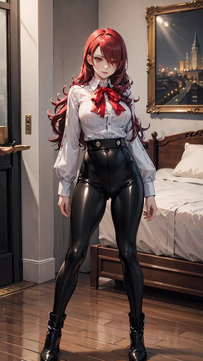   The best quality , ( masterpiece :1.3),  cinematic lighting , ultra-detail, (highres:1.1), mitsuru kirijou, standing, front view,  looking at the viewer , long dark red hair, ( hair covering a right eye ),  detailed eyes , red eyes,  Big breasts, choker:1.6, red bow on the chest , ((White buttoned shirt)), (Black shiny leggings), (black boots), elegant room, mansion, night