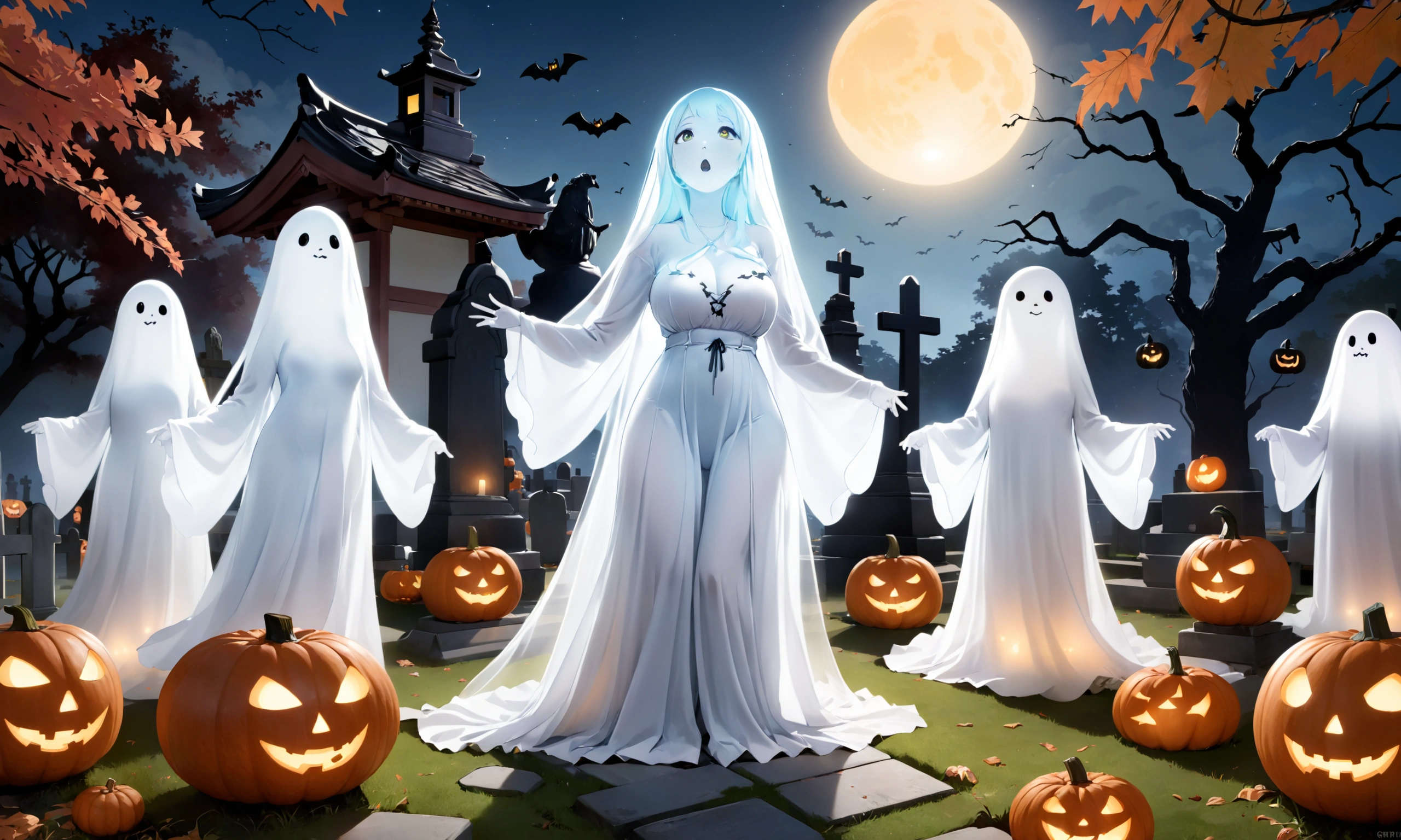 several floating ghosts interact over a Japanese cemetery, a new ghost (Kat, club outfit, wispy, semi transparent) joins the other ghosts in wide eyed wonder, moonlit. Lots of Jack-O-Lanterns and Halloween decorations in the area