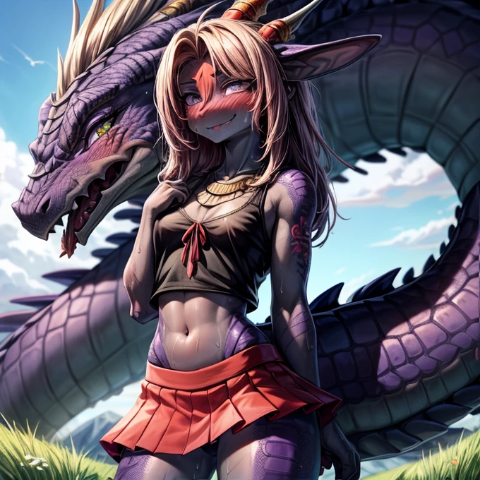  dragon girl teen ,    black body with flaky purple add high definition_Detail:1,  black and purple scales   ,  tribal tattoo add_Detail,   long snake tongue add  _Detail: 1 standing on a green field ,  girl with a sweaty body ,  blushing face, shy, navel blouse, mini skirt, reptile-like scaly body.