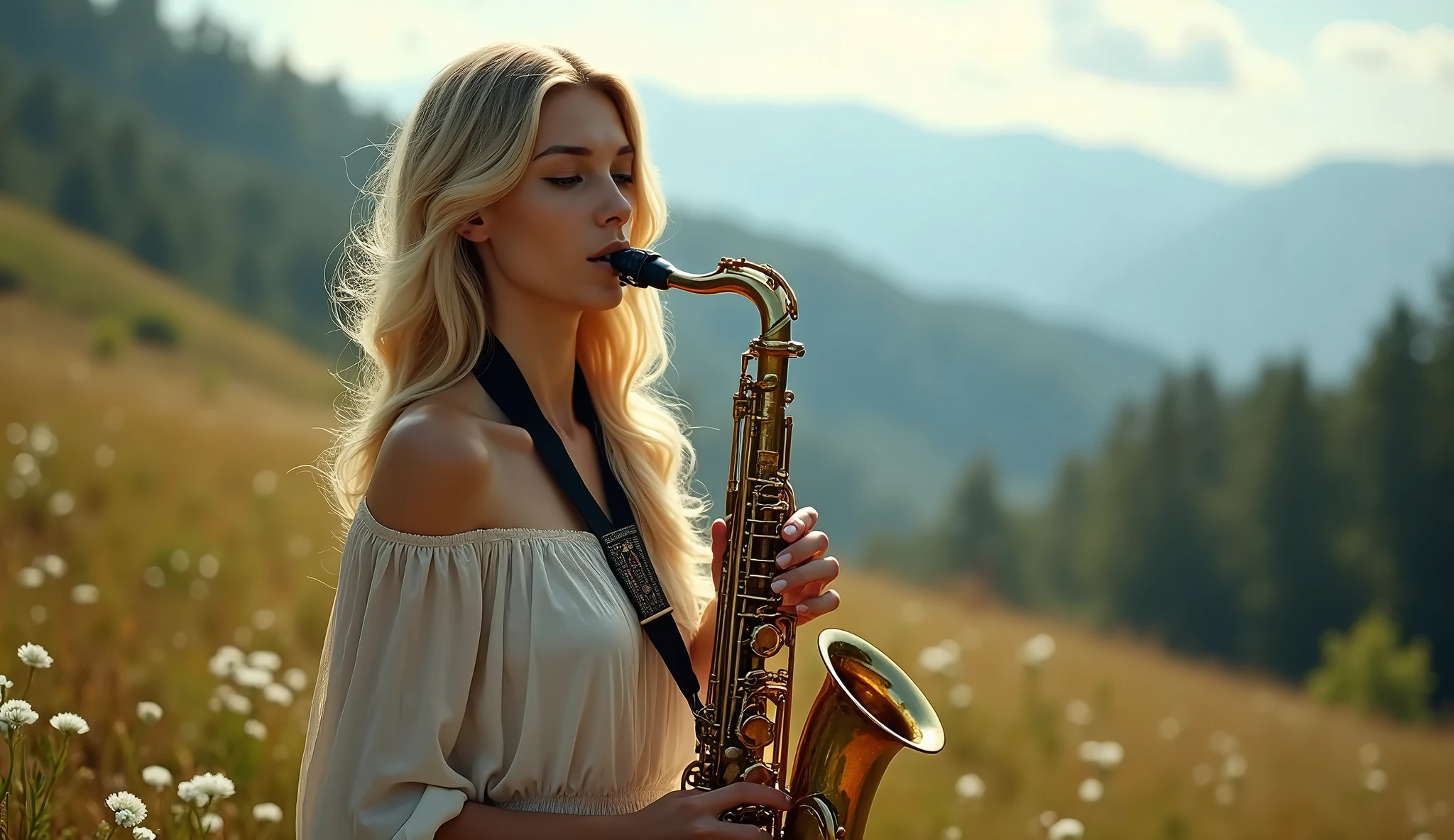 A small woman stands naked by the lake and plays the saxophone we look at her from the front