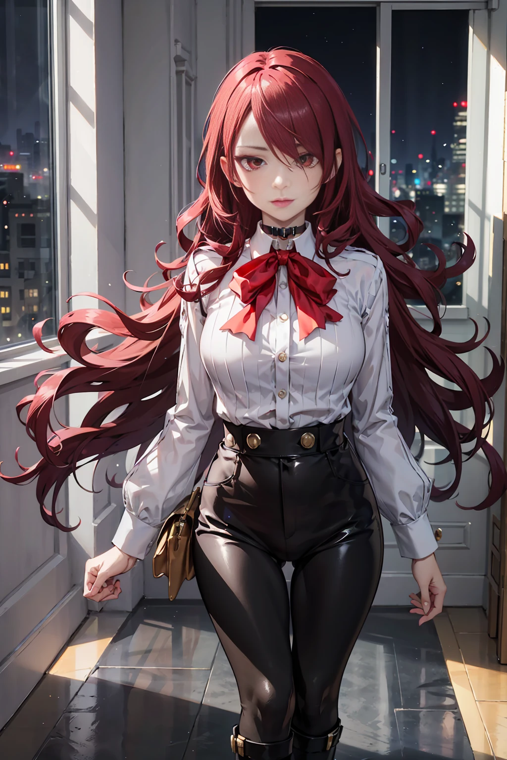   The best quality , ( masterpiece :1.3),  cinematic lighting , ultra-detail, (highres:1.1), mitsuru kirijou, standing, front view, looking at viewer, long dark red hair, ( hair covering a right eye ),  detailed eyes , red eyes,  Big breasts, choker:1.6, red bow on the chest , ((White buttoned shirt)), (Black shiny leggings), (black boots), elegant room, mansion, night