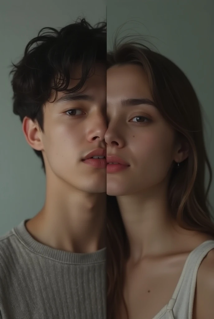 a couple, back to back, detailed portrait, beautiful man and woman, cinematic lighting, dramatic atmosphere, (best quality,4k,8k,highres,masterpiece:1.2),ultra-detailed,(realistic,photorealistic,photo-realistic:1.37),dramatic lighting,moody colors,cinematic composition,intricate details,highly detailed faces,expressive body language,emotional tension,dramatic shadows,atmospheric background
