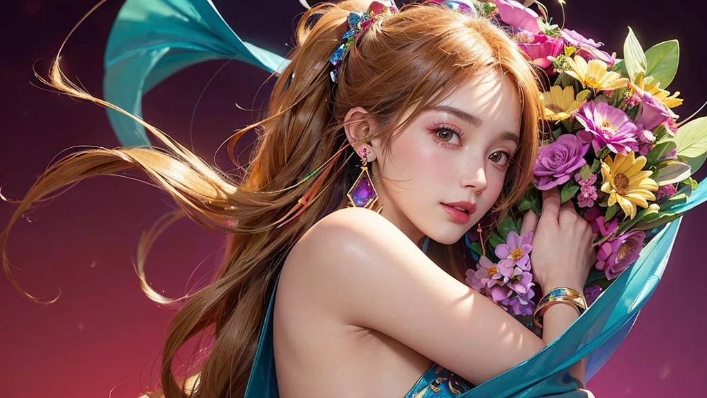 32K, 最高quality, 最高masterpiece, (ultra-Detailed Background, Detailed Background), High resolution, Super detailed, Very detailedな, One girl, (bouquet:1.3), (Tangled:1.2), (Geometric:1.2),(colorful),(masterpiece, quality, best quality, Official Art, Beautiful and beautiful:1.2), (1 girl:1.3), Very detailed,(colorful:1.1)(Flowers:1.3),Most detailed,(Tangled:1.2), whole body, (Abstract background:1.3), (Skin glows), (Many colors:1.4), ,(Earrings Jewelry:1.5), Gradient pink background,