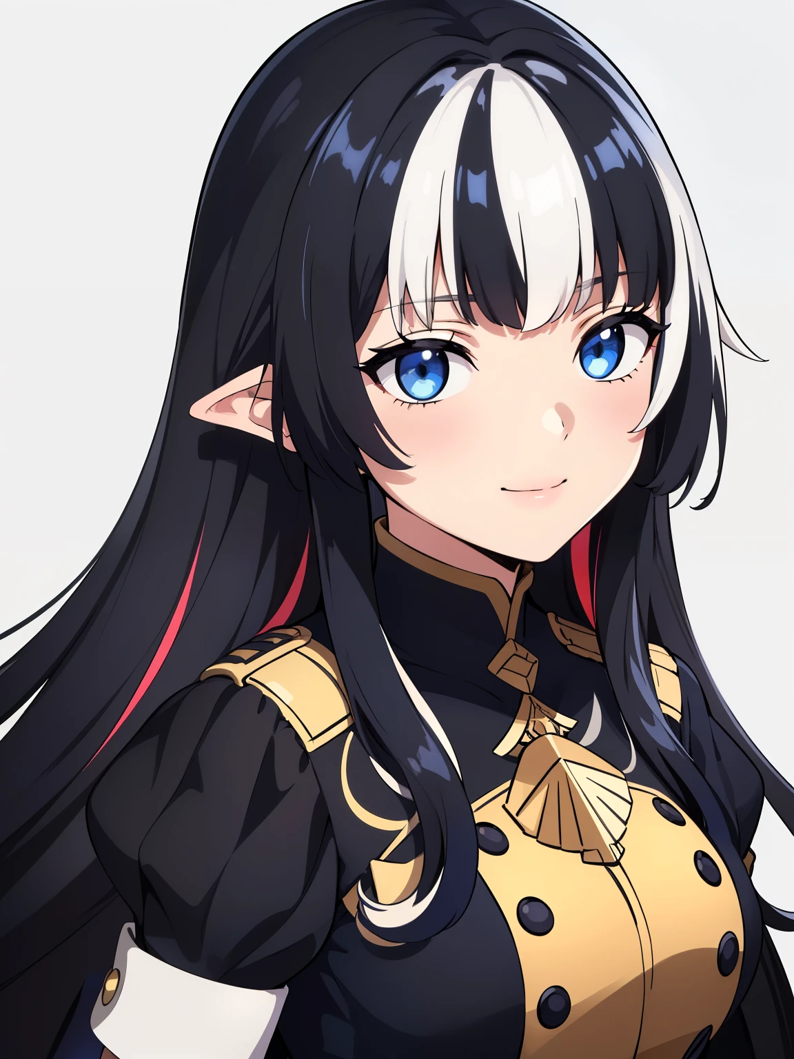 (high-quality, breathtaking),(expressive eyes, perfect face) 1girl, female, portrait, solo, young adult, neutral expression, cute smile, Symmetrical Eyes, Symmetrical ears, gmuniform, blue thighhighs, very long hair, (multicolored hair, black hair, white hair:1.2), grey background, fire emblem three houses
