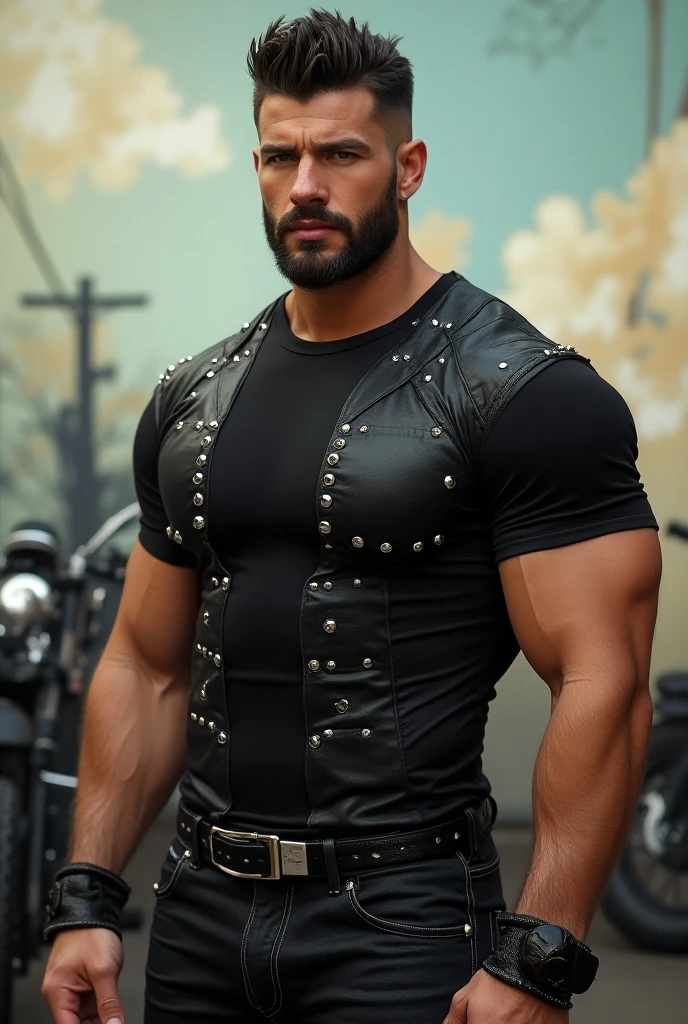 (masterpiece, intricately detailed, highest resolution, best quality:1.2), (doujin), a cocky old Chris Redfield,a 55 y.o muscle stud with a muscular physique,beard, dark-skinned male, signature mustache, wearing a ((chest gay harness, chav, armbands)), (excessive cum), (cum on body), (cum drip), flaccid penis,saggy balls,hairy chest,vascular,muscle striations,soft light,fantastic realism, standing up, ((colth)), ((pov: from_behind)), photoshoot