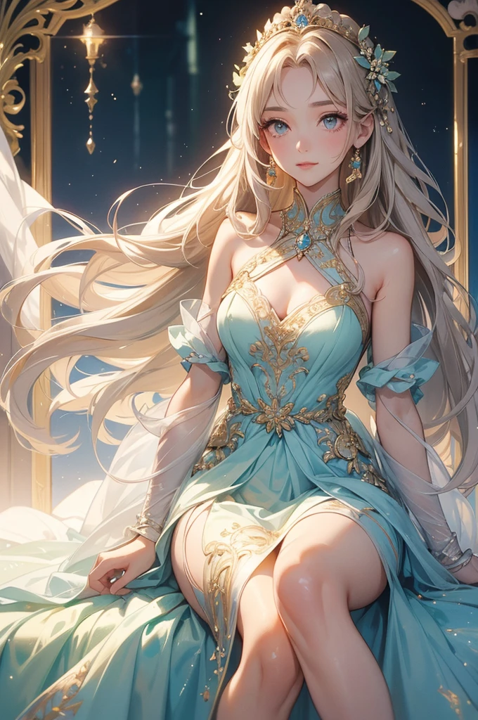 (masterpiece、Highest quality、8k、High resolution)、(The best beautiful girl)、Best Style、(The most beautiful face)、Clear skin、Clean blue eyes、Beautiful lips、Beautiful nose、Blonde Hair、Ample breasts、Walking on the sand、look back、Ocean、You can see the forest、A bright night with stars visible、Beautiful starry sky、milky way、(体whole bodyから神秘的な光の粒子、Colorful Light)、(jewelry、necklace)、dress、(whole body)、Highly detailed anime art、A complete portrayal、
