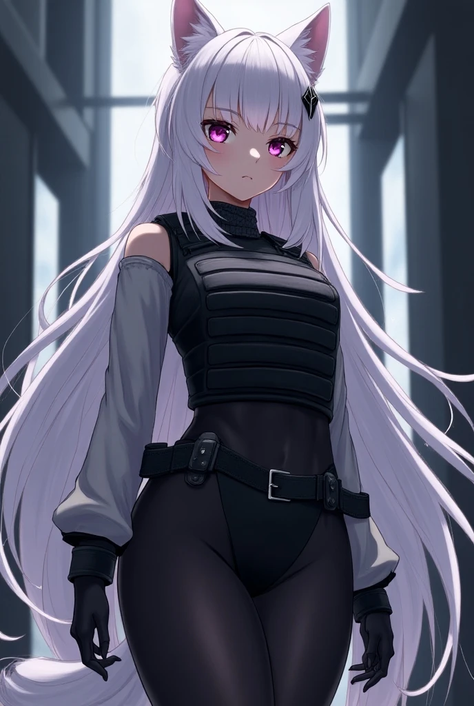 16 year old girl from Boku no hero Academia with long black and white hair with purple eyes on an anime hero mission