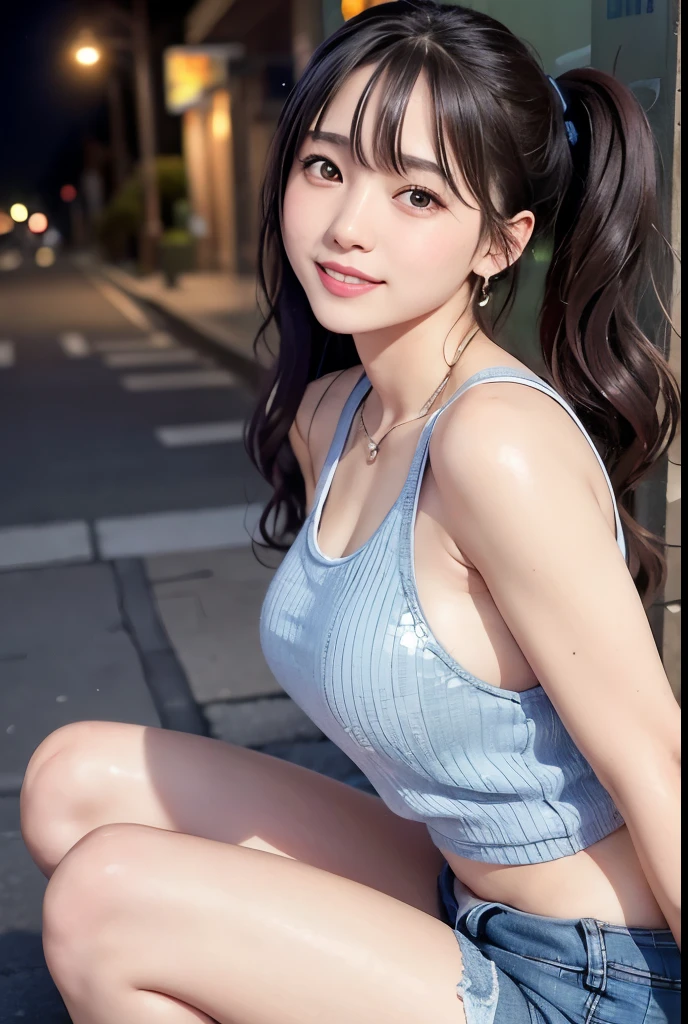 ((1 female: 1.5)), (anatomically correct proportions), (sexy proportions), ((sexy poses)), detailed face, detailed hair, detailed skin, ((small face : 1.2)), thin waist, (large breasts), ((short torso)), ((single screen)), 8K, RAW shot, highest quality, ((masterpiece)), realistic photography, above the knee shot, (cute face like a Japanese idol), 15-year-old beauty, (amusement park on a hot summer day: 1.5), sweaty standing beauty, body shining with sweat: 1.5, (Transparent tank top with thin fabric: 1.5), sweat-stained tank top: 1.5, (body-fitting tank top), (no bra: 1.5), (cleavage), ((nipple shadow: 1.5)), (tank top with cute design), (denim shorts are wet: 1.5), (sweat on the forehead), (wet bangs: 1.8), twintails, cheerful smile