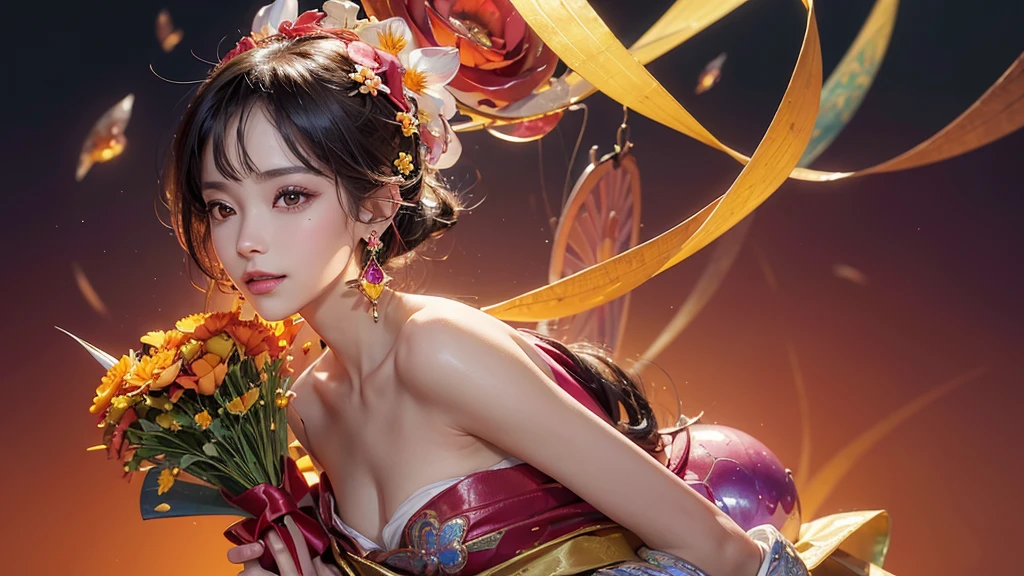 32K, 最高quality, 最高masterpiece, (ultra-Detailed Background, Detailed Background), High resolution, Super detailed, Very detailedな, One girl, (bouquet:1.3), (Tangled:1.2), (Geometric:1.2),(colorful),(masterpiece, quality, best quality, Official Art, Beautiful and beautiful:1.2), (1 girl:1.3), Very detailed,(colorful:1.1)(Flowers:1.3),Most detailed,(Tangled:1.2), whole body, (Abstract background:1.3), (Skin glows), (Many colors:1.4), ,(Earrings Jewelry:1.5), Pale Red Background,