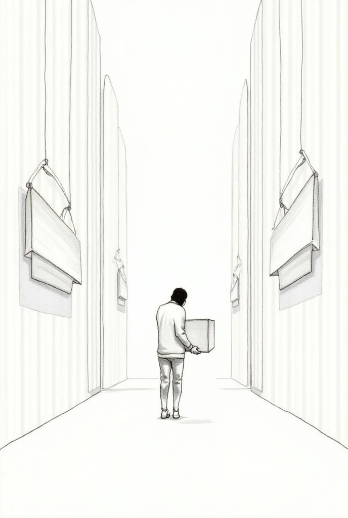 Tall man with long hair looking for something in a backpack, 2D drawing