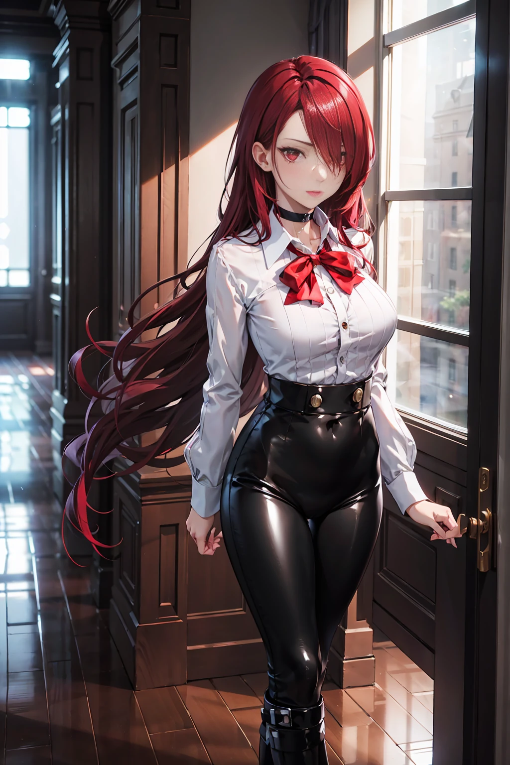   The best quality , ( masterpiece :1.3),  cinematic lighting , ultra-detail, (highres:1.1), mitsuru kirijou, standing, front view, looking at viewer, long dark red hair, ( hair covering a right eye ),  detailed eyes , red eyes,  Big breasts, choker:1.6, red bow on the chest , ((White buttoned shirt)), (Black shiny leggings), (black boots), elegant room, mansion, night