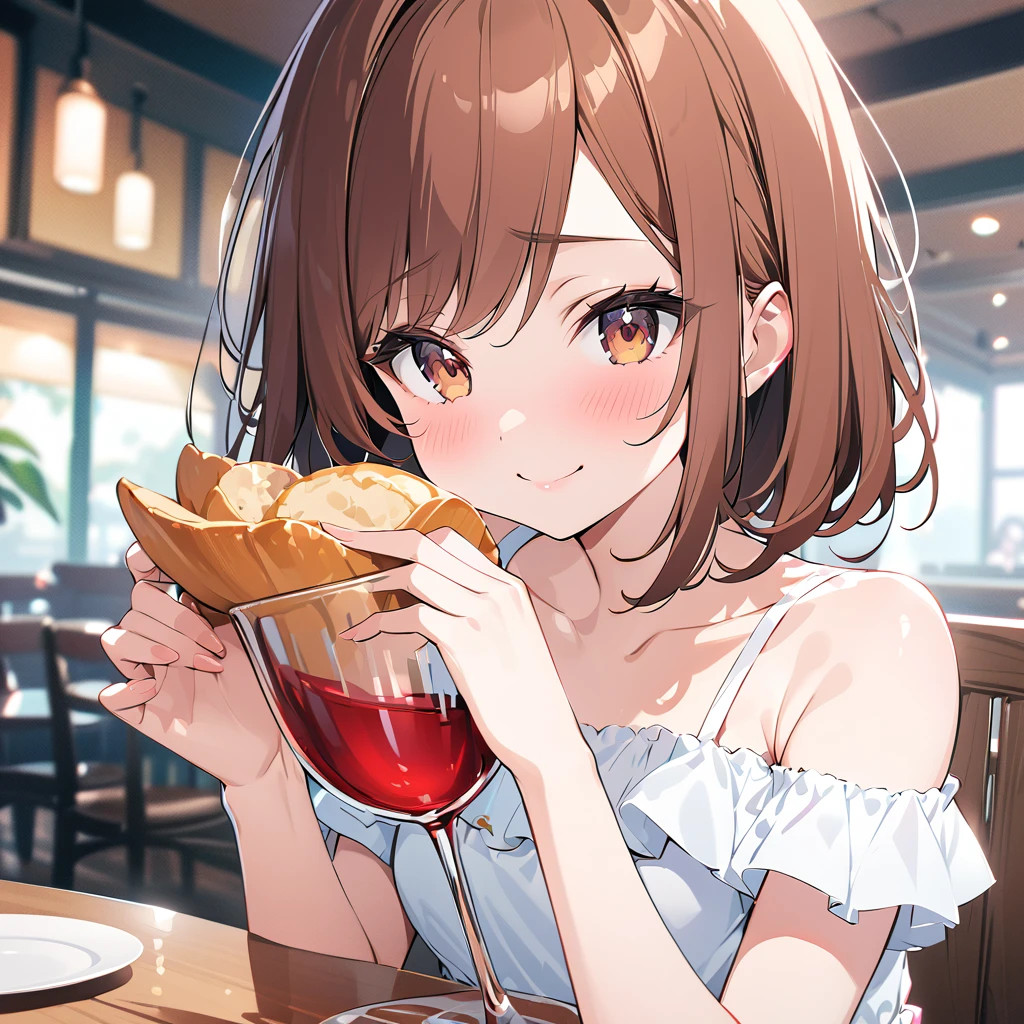 ((Masterpiece)), ((Best quality)), (Anime:1.3), (Raw image:1.2),(very accurate:1.3), (Professional photography:1.4), ((He is )), 8K, Shiny skin, Cinema lighting, 1girl, View shot, (Knitted sweater top), (Cute innocent teenage girlny body, small breasts, Shiny medium hair, (Loose blunt bangs), ((:3)), Open mouth, Eating white cream cake fangs out, seek, (Jettom), Beautiful collarbone, (Slightly exposed shoulders), (Dog ears), Pale brown hair, Hair that flutters in the wind, break, ((Best quality)), (Kneeling over Dubrovnik in Croatia), summer day,