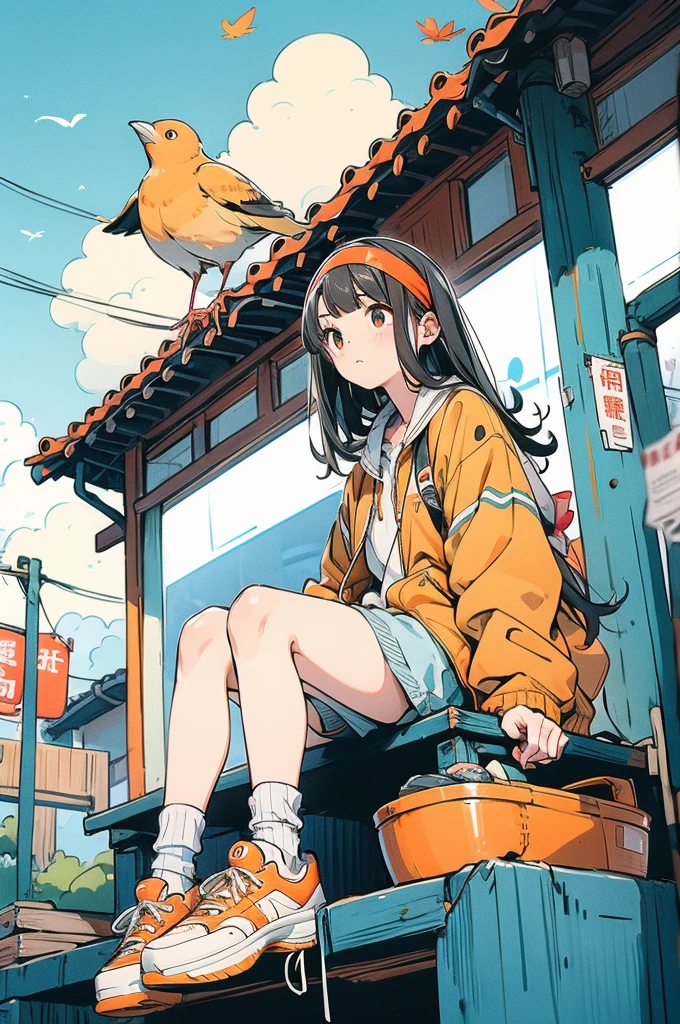  1 girl,orange shoes  ,Alone,Sitting,null,cloud,Outdoor, Black Hair ,bird,上方fromの眺め,blue null,White socks,Daytime, orange jacket, building, Long Sleeve ,leaf,Long Hair,stage,red Headband,Pump rope,Headband,bangs,cloudy null,from_Down,wide_shot,