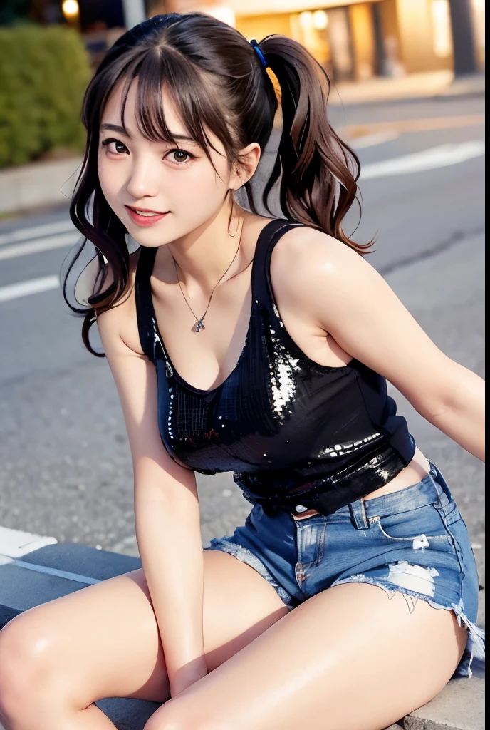 (highest quality,masterpiece:1.3,ultra high resolution),(Super detailed、caustics) (Photoreal:1.4, RAW shooting、)ultra-realistic capture、very detailed、natural skin texture、masterpiece、(The upper body is a short sequin tank top with a wide open chest.、Lower body short jeans、high socks:1.3)、Shining Breasts、transparent nipples、Navel is visible、1 Japanese girl、adorable expression、expression of happiness、14 years old、young face、surprisingly cute、twin tails、curly hair、black hair、Scrunchie、light makeup、Big breasts that are about to burst、necklace、sexy pose、Photo taken in front of Shibuya Station、Shooting from the side、Shining thighs、summer sunshine、smile、inviting gaze、cowboy shot、