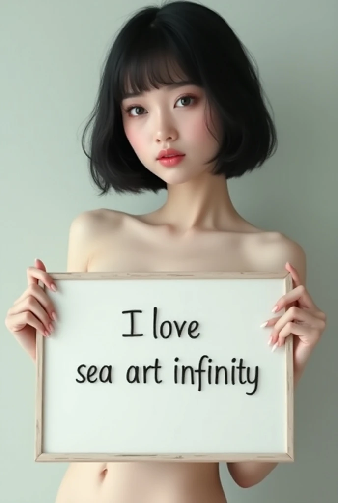 Beautiful girl with straight hairholding a white board with text "I Love Seaart Infinity" and showing it to the viewer nude whole body  Korean 18 yo