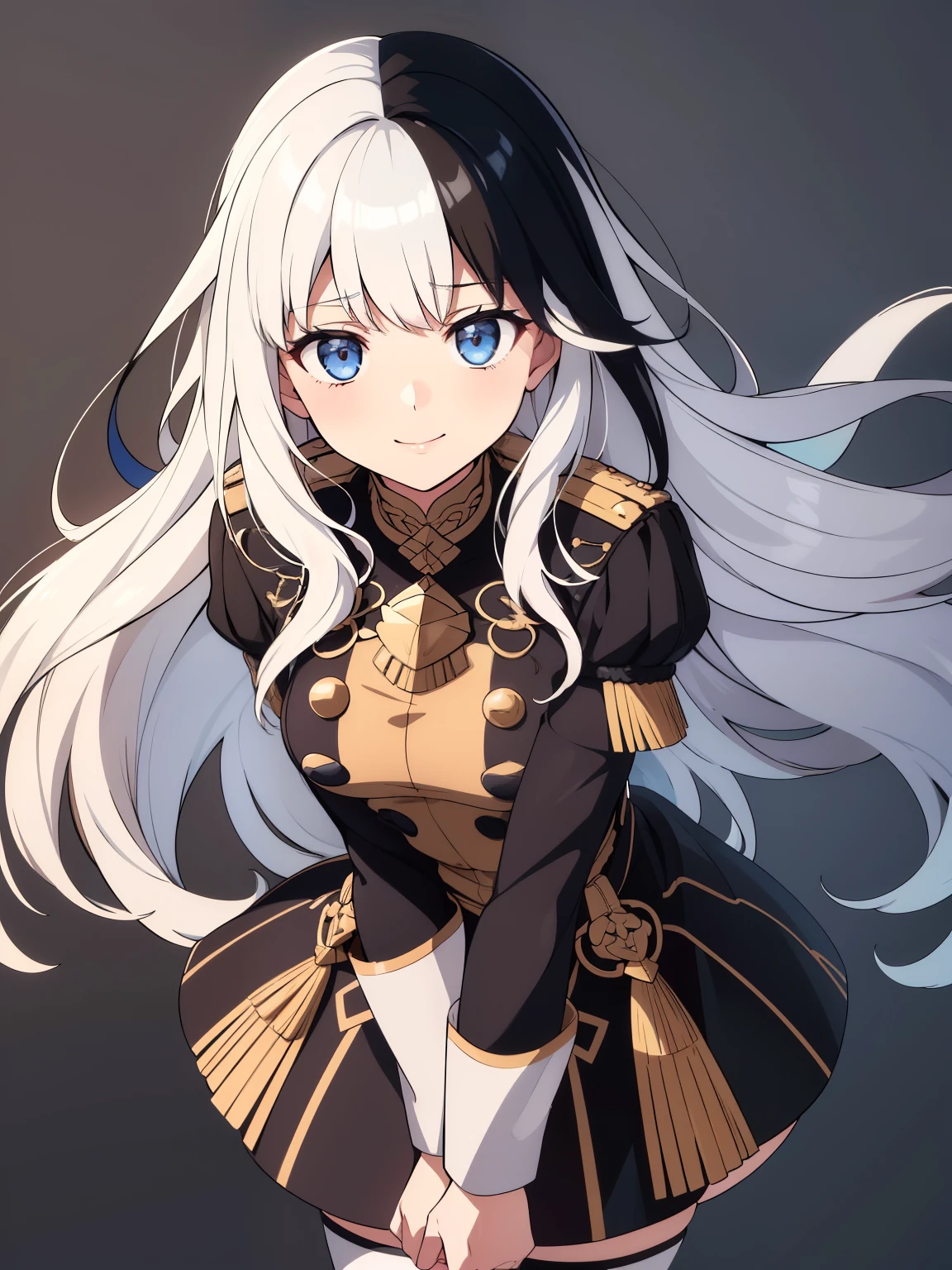 (high-quality, breathtaking),(expressive eyes, perfect face) 1girl, female, portrait, solo, young adult, neutral expression, cute smile, Symmetrical Eyes, Symmetrical ears, gmuniform, blue thighhighs, long hair, (multicolored hair, black hair, white hair:1.2), grey background, fire emblem three houses, wavy hair
