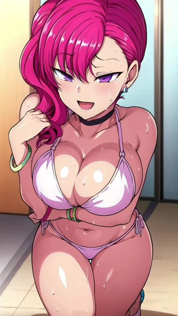 ((sexy girl ,gyaru))nsfw, glamorous, slutty smile, slut looking down,pink hair, (tight thong), (small bra), detailed cameltoe, large breasts, navel piercing, nice hips, proud of her slutty body, (pink) pubic hair, nude, sweat, lockerroom, self breast lift,