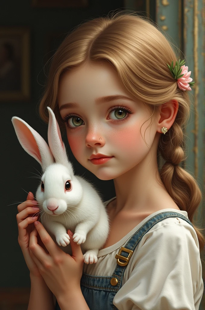 a painting of a girl holding a rabbit in her arms, adorable digital painting, realistic cute girl painting, cute digital art, cute detailed digital art, cute detailed artwork, cute portrait, cute artwork, ultrarealistic sweet bunny girl, cute little cute beautiful, beautiful character painting, beautiful cute, gorgeous digital painting, portrait of cute girl, cute face. dark fantasy