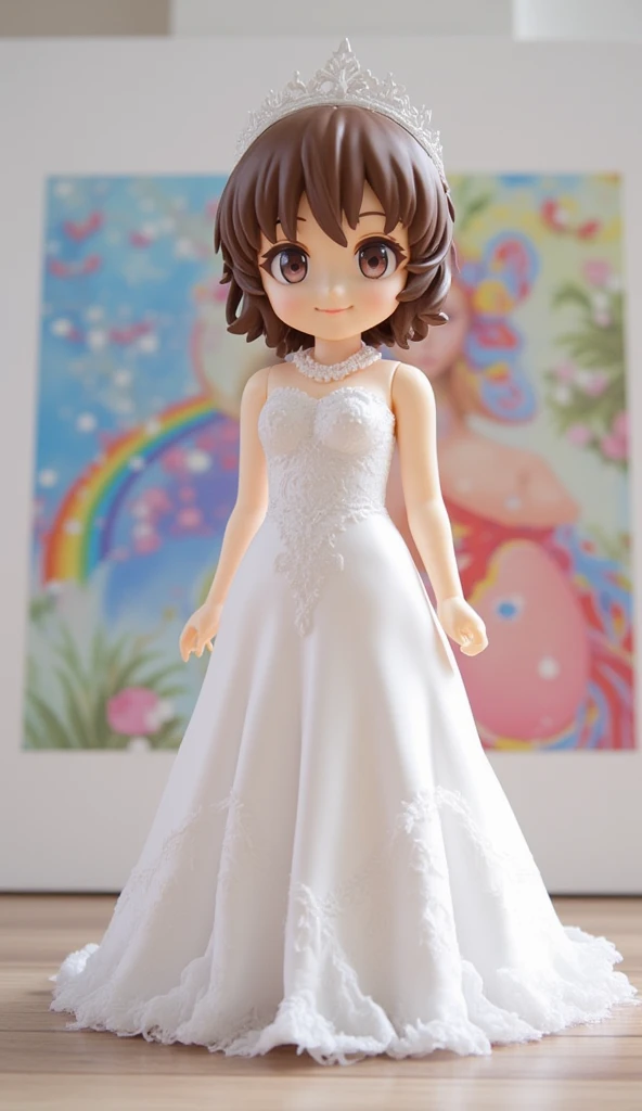 Realistic、Nendoroid wearing a wedding dress standing in front of a painting、smile、 cute pose、Watercolor Nendoroid、( High Resolution Figure )、 Flowing Rainbow Silk、 face up 、Look up、heart mark、Floral Dress、season!!: summer☀ 🍂、(( Amazing painting with super multiple exposure where you can see the background through clothes )